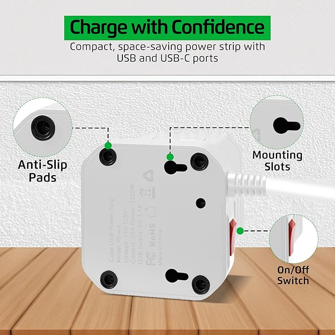 Cube Power Strips with Surge Protection, 6ft Extension Cord with Multiple Outlets, 5 Ac Plugs, 3 USB, 1 Usbc Fast Charging Power Strip with USB Ports, Mountable On/Off Switch Charging Station