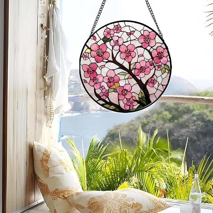 CRISGIF Stained Glass Window Hanging - Cherry Blossoms Birth Flower Suncatcher for Door Garden Patio Sun Catchers Decor Christmas Mother's Day Birthday Gifts for Women Mom Nana Friend Wife 6.3 in