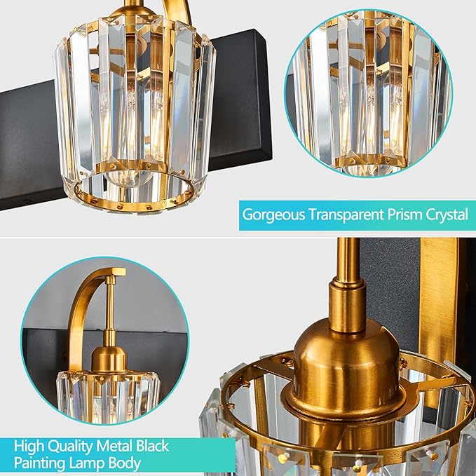 FDPBY Modern Bathroom Vanity Light, 5-Light Black Gold Wall Sconce with Crystal Accents, Over Mirror Bathroom Lighting Fixture, 42.52" Long Dimmable Vanity Lamp for Makeup, Easy Installation