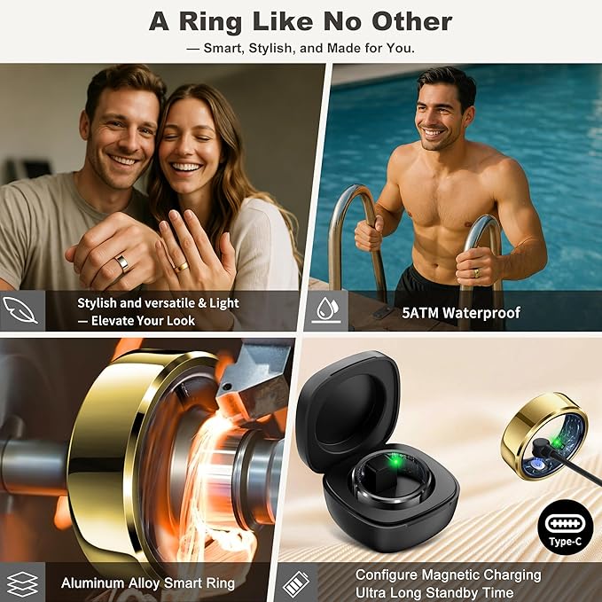 RIFESI Smart Ring for Women Men, Fashion Minimalist Fitness Ring & Sleep Tracker Ring with Heart Rate, Blood Pressure,5ATM Waterproof Health Ring,Gifts for Women Men Gift,No Subscription (10,Gold)