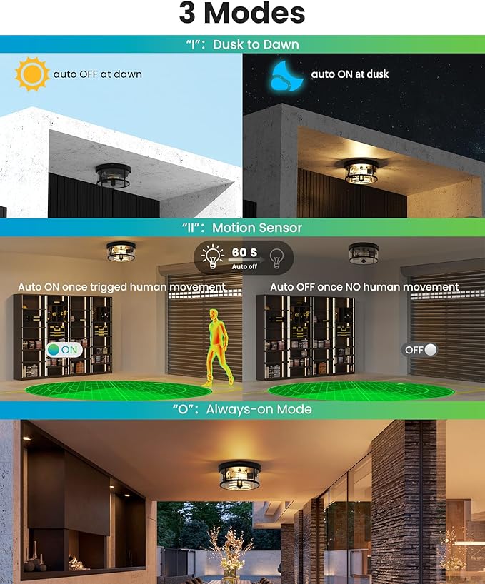 2Pack Outdoor Ceiling Light with Motion Sensor 9.3in - Porch Lights Outdoor, E26 Base, Flush Mount, 360° Detection, 3 Modes (Auto/Dusk to Dawn/Always-on), Farmhouse Ceiling Light for Porch, Entryway
