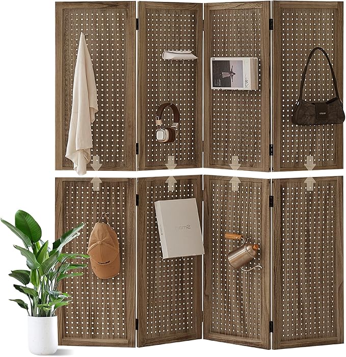 Leesinwing 4 Panel Wooden Room Dividers, 5.6FT High Plug-in Folding Screen Made of Natural Wood, Pegboard Display for Bedroom and Shopping Malls and Jewelry Stores, Dark Brown