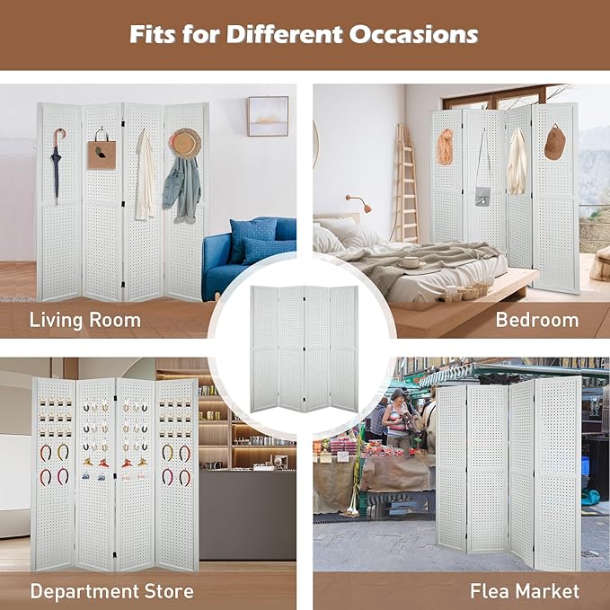 ECOMEX 4 Panel Room Divider, 5.6Ft Pegboard Display Wooden Room Divider Folding Privacy Screen Room Divider Freestanding Peg Board Display for Trade Show Craft Show Home Wall Organizer, Elegant White