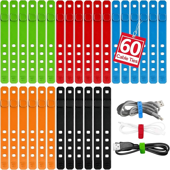 AROIC 60Pcs Silicone Cable Ties, 5-Colors Reusable Cord Organizer for Phone Charger & Data Cables - Home Office Travel Essentials, Under Desk Cable Management, Wire Holder for Computer, Kitchen