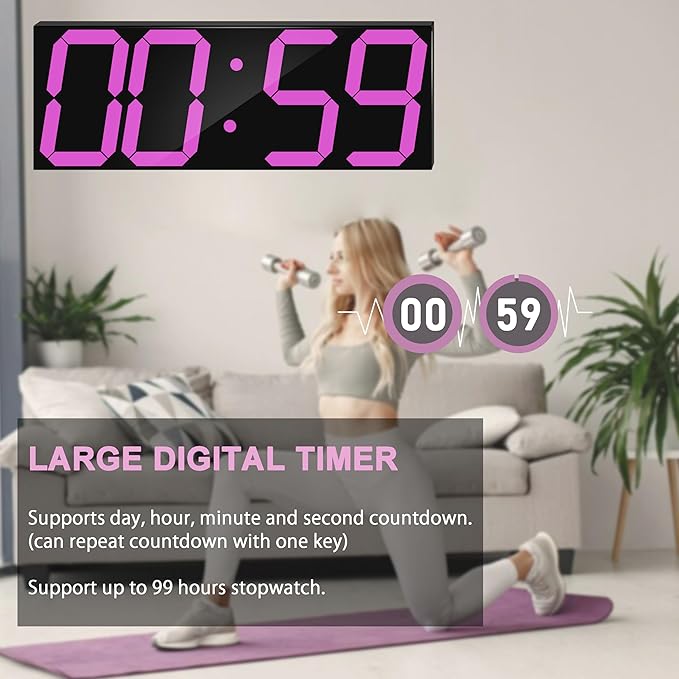 CHKOSDA LED Large Digital Wall Clock, Oversize Wall Clock with 6” Numbers, Remote Control Count up/Countdown Timer Clock, Auto Dimmer, Big Calendar and Thermometer(Purple)