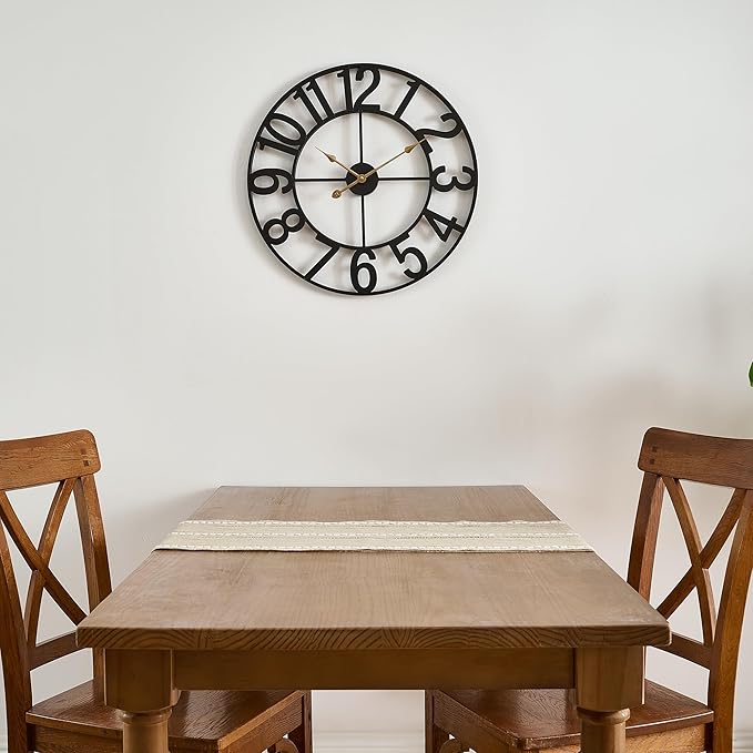 Alarmore Wall Clocks for Living Room Decor, Large Wall Clock Silent Battery Operated, Rustic Industrial Farmhouse Black Metal Wall Clocks for Kitchen, Bedroom, Dining Room-24 in
