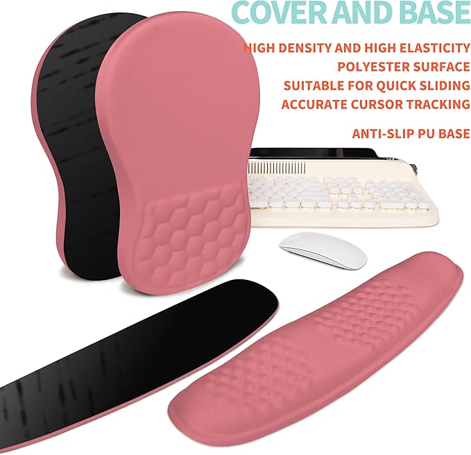 KUOSGM 2-in-1 Ergonomic Set, Wave Rise Keyboard Wrist Rest and Massage Bulge Slope Mouse Pad Wrist Support, Cushion Memory Foam Integrated to Relieve Wrist Pain, Muskmelon Pink