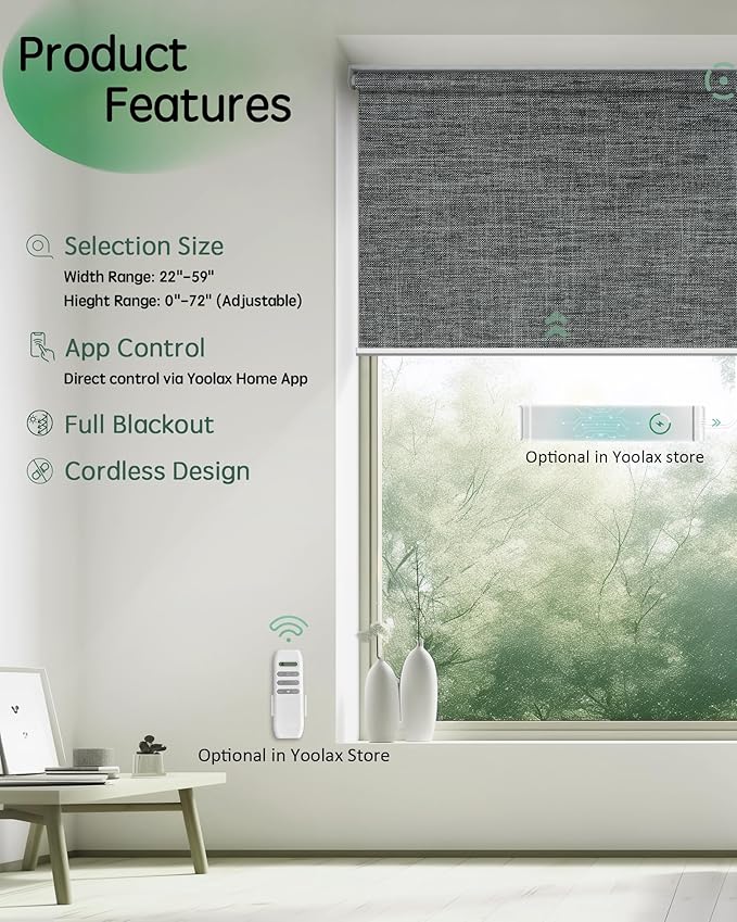 Yoolax Motorized Blinds App Control, Blackout Roller Shades for Windows, Cordless Automatic Shades Roller Window Blinds for Bedroom Living Room Office (Blackout Ashfall Gray, 26" W x 72" H)