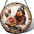 DASTOLL Stained Glass Window Hanging, Butterfly Picking Flowers Suncatcher for Doors Home Sun Catchers Decoration and Christmas, Mother's Day Birthday Gifts for Women, Men, and Mom 14.9x14.9 in
