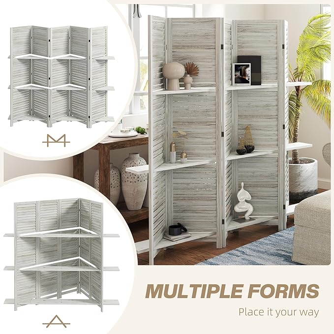 HOMCOM Room Divider, 5 Panel 67" Tall Wood Privacy Screen with 3 Display Shelves, and Folding Storage for Bedroom or Home Office, Distressed White