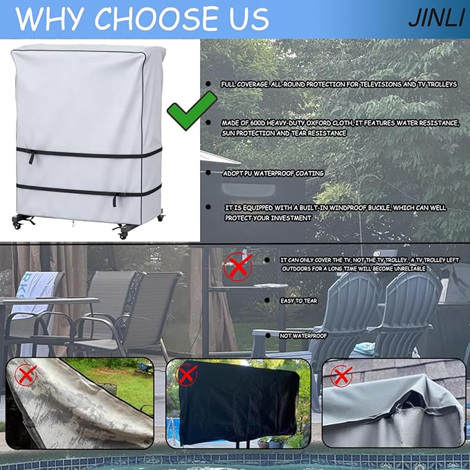 JINLI 45-50 inch outdoor TV trolley cover, courtyard TV cover, Oxford fabric waterproof and dustproof, triple windproof design, compatible with rolling/mobile stand