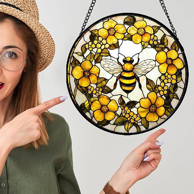 AMDERVEN Stained Glass Window Hanging - Yellow Flowers Surrounded by Bees Sun Catcher for Door Garden Home Decor Cute Suncatcher Christmas Mother's Day Birthday Gifts for Women Men Mom Nana 9.8 in