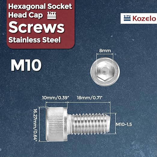 Kozelo 10pcs Socket Head Cap Screws - [M10-1.5 x 18mm] 304 Stainless Steel Allen Socket Drive for Electrical Motor 3D Printing Fan Engine Replacement Use, Silver