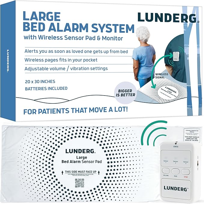 Lunderg Large Bed Alarm for Elderly Adults - Wireless Sensor Pad (20” x 30”) & Pager - Safety Bed Alarms and Fall Prevention for Elderly and Dementia Patients - for Patients That Move a lot