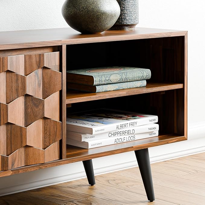 Bme Georgina 65-Inch Solid Acacia Wood TV Stand, Quick Assembly Entertainment Center with Storage, Geometric Pattern Console for Living Room, Bedroom, and Dining Room, Dark Choco