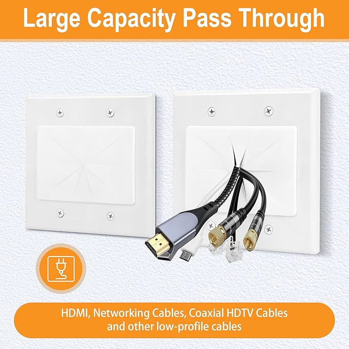 Kebulldola 2 Gang Wall Plate White 2 Pack, Silicone Cable Pass Through Wall Plate for Power Cable, Audio Video and Ethernet Cable, Speaker Wire Management