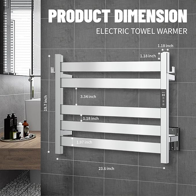 K&KALONZO Towel Warmer for Bathroom, Wall-Mounted 5-Bar Heated Towel Rack with Built-in Timer, Waterproof Electric Towel Heater, Support Plug-in and Hardwired, Polished, EL18S