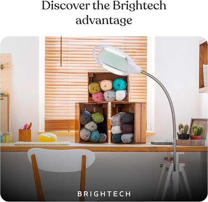 Brightech LightView Pro LED Magnifying Floor Lamp - Daylight Bright Full Spectrum Magnifier Lighted Glass Lens - Height Adjustable Gooseneck Standing Light - for Reading Task Craft Lighting - White