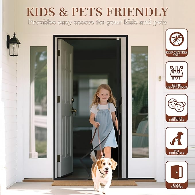Yotache Reversible Left/Right Opening Magnetic Screen Door Fits 72 x 80 inch Doors, Screen Size 74" x 81", Strong Magnets Anti-Tearing Polyester Mesh for Front/Back Patio Sliding Door, Black