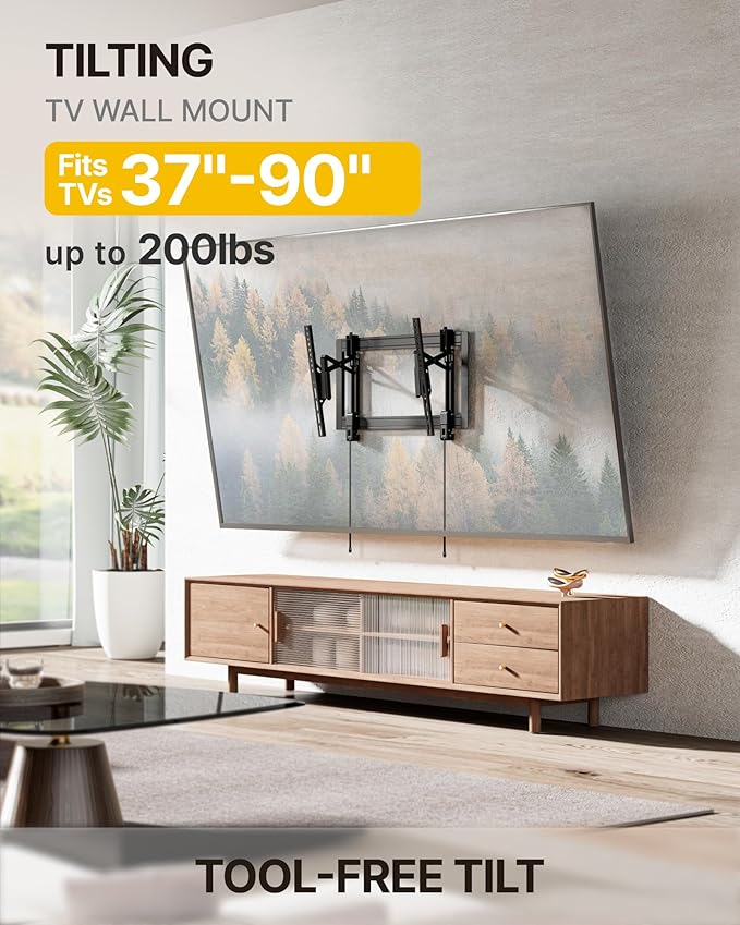 monTEK Heavy Duty Tilting TV Wall Mount Barckt for 37–90" TVs up to 200 lbs – Low Profile, Universal Fit, Tilt & Swivel Adjustment, 6.8" Extension, Fits 16"/18"/24" Studs, Max VESA 600x400mm
