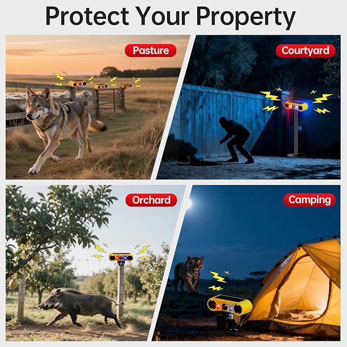 Solar Motion Sensor Alarm Outdoor,Motion Sensor Alarm,13 Sound,Dog Barking&Gunshot,2x130db Loud Noise Maker,4 Modes,Red&Blue Motion Activated Strobe Light,Say Goodbye to The Intruders,for Garden,Yard