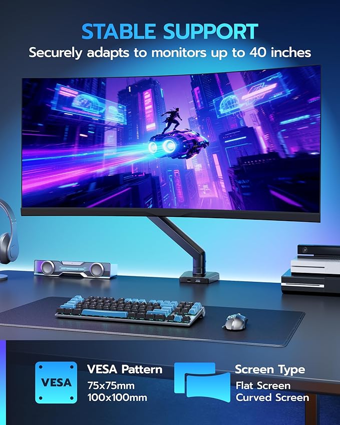 ARES WING Heavy Duty Single Monitor Arm - Fully Adjustable Monitor Mount for 40 34 32 27 Inch Ultrawide Screens Up to 26.4 lbs with Clamp/Grommet Desk Mount and USB A/C, 75/100 Vesa Mount, Black