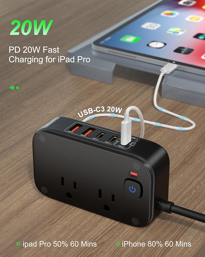 KWRNVO 5FT Travel Power Strip with USB Ports, 7-IN-1 Flat Extension Cord USB C Power Strip with 2500W AC Outlets, 3 USB-C Ports, 2 USB-A Ports Outlet Extender for Home/Office/Travel Essentials
