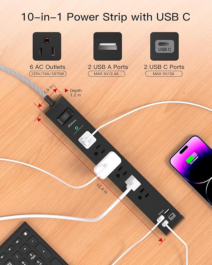 2 Pack Surge Protector Power Strip - 6 Outlets 4 USB Charging Ports, 5Ft Braided Extension Cord, Slim Flat Plug, Overload Protection, Wall Mount for Home Office, Dorm Room Essentials