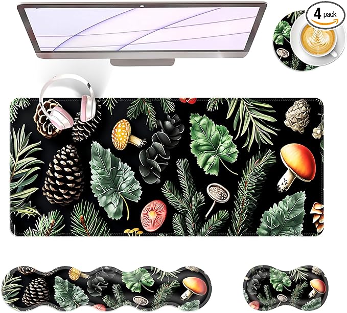 BFUKVOU Large Keyboard Mouse Pad Set, Extended Mouse Pad+Keyboard Wrist Rest Support, Memory Foam Ergonomic Easy Typing, 4Pcs (31.5×11.8 in) Desk Pad Set for Office Home,Mushrooms and Leaves