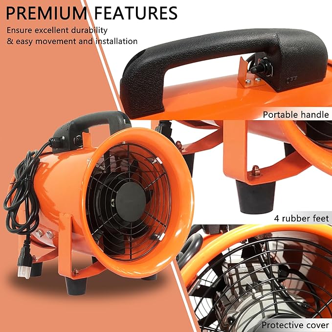 FICBXRA Utility Blower Fan 8 Inch Portable Axial Exhaust Fan 230W/2A 900CFM High Velocity Ventilator with 32FT Duct Hose for Exhausting & Ventilating at Home and Job Site