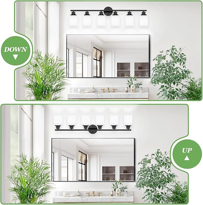 Guliaofo 6-Light Bathroom Light Fixtures, Vanity Lights for Mirror with Textured Milky White Glass Shade, E26 Base Modern Kitchen Light Fixtures Wall Sconce Light - Black