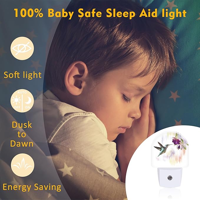 sndheke Hummingbird Flowers Night Light for Kids,Groovy Cute Bird Floral Night Light Plug in with Dusk to Dawn Sensor,0.5w Energy Saving Sleep Friendly Nightlight for Hallway Stairway Kitchen Bedroom