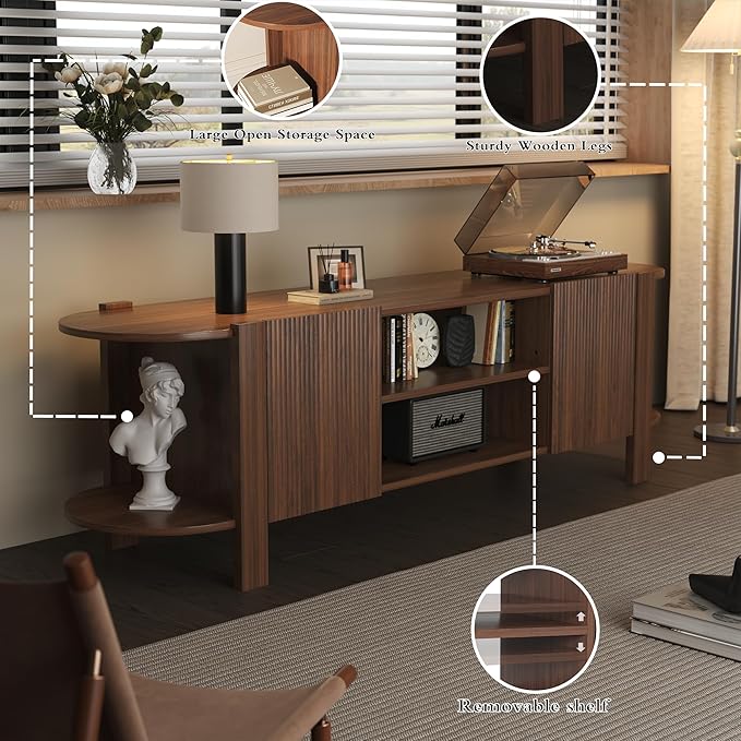 ZOSQUARE 65 Inch TV Stand for Up to 75 inch TVs, Fluted Entertainment Center with Adjustable Shelve, Curved Round Corner TV Console Table with Storage Cabinet for Living Room, Bed Room (Walnut Color)