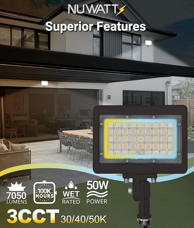 NUWATT 50W LED Flood Light, 3CCT 3000K/4000K/5000K Selectable, IP65 Waterproof Lighting, Adjustable Knuckle Mount, 7050LM, 0-10V Dimmable, 120-277V, Outdoor Security Floodlight for Yard, Bronze, UL