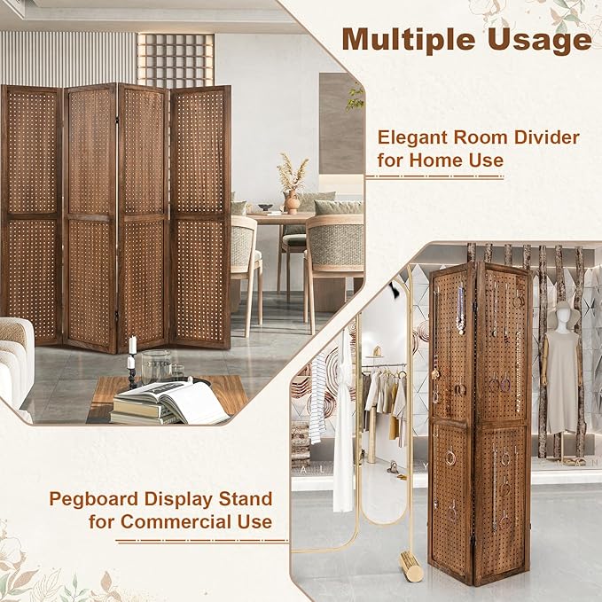Giantex 4 Panel Pegboard Display & Room Divider, 5.6FT Folding Pegboard Stand for Crafting Show Jewelry Retail, Freestanding Privacy Screen, Wooden Partition Wall Divider for Room Separation, Brown