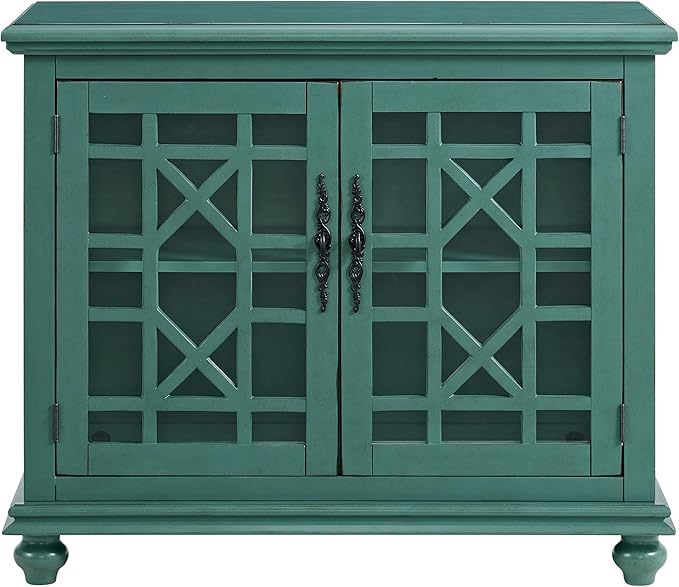 Martin Svensson Home Elegant Small Spaces Accent Cabinet with Glass Doors, Vintage Sideboard or Small TV Stand for Living Room or Entryway. Antique Teal Green.