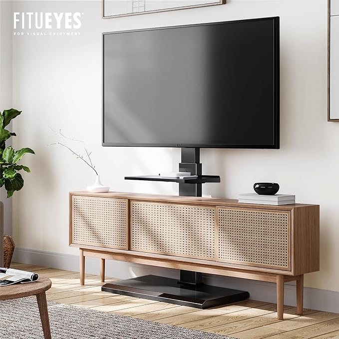 FITUEYES Floor TV Stand with Mount for 32-55 65 Inch TV, Height Adjustable TV Floor Stand with Metal Shelf up to 110 lbs, Swivel Tall TV Stand with Study Iron Base for Living Room, Bedroom