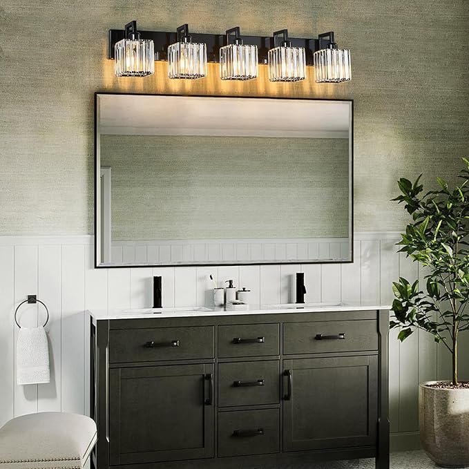 FDPBY Modern Bathroom Vanity Light 5-Lights Plating Black Vanity Light Crystal Wall Light Bathroom Light Fixtures