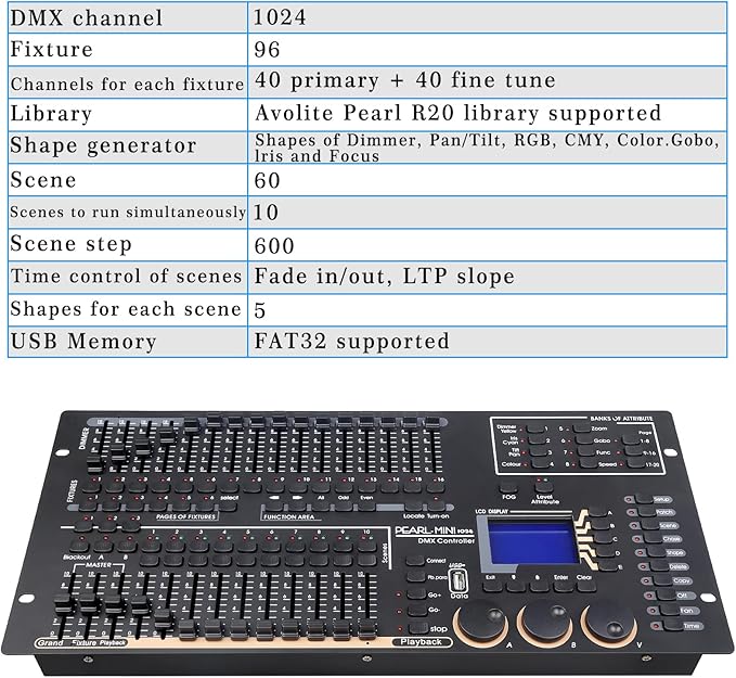 Professional DMX512 Stage Lighting Controller, Mini Pearl Stage Light Console,1024 Channels, 96 Fixtures, 60 Scenes, USB R20 Compatible