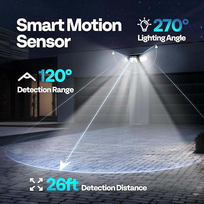 VIVOHOME Solar Flood Lights Outdoor, 256 LED 2500LM Motion Sensor Lights, 3 Adjustable Heads Security Lights, IP65 Waterproof, 270° Wide Lighting Angle Solar Powered Lights for Porch, Yard