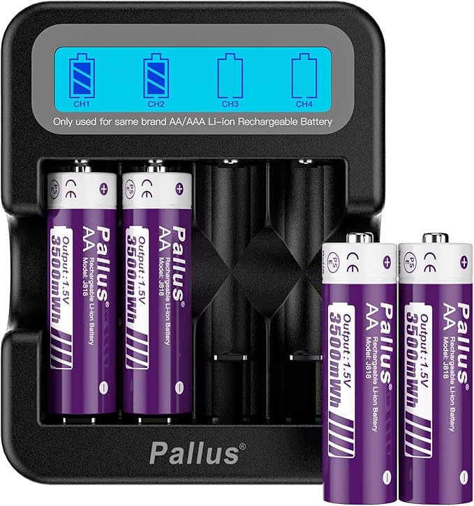 Pallus Lithium AA Rechargeable Batteries - 4 Pack 1.5v 3500mWh High Capacity Rechargeable AA Batteries with Smart LCD Charger, 1600 Cycles Suitable for Blink Camera, Doorbell Camera, Constand Voltage