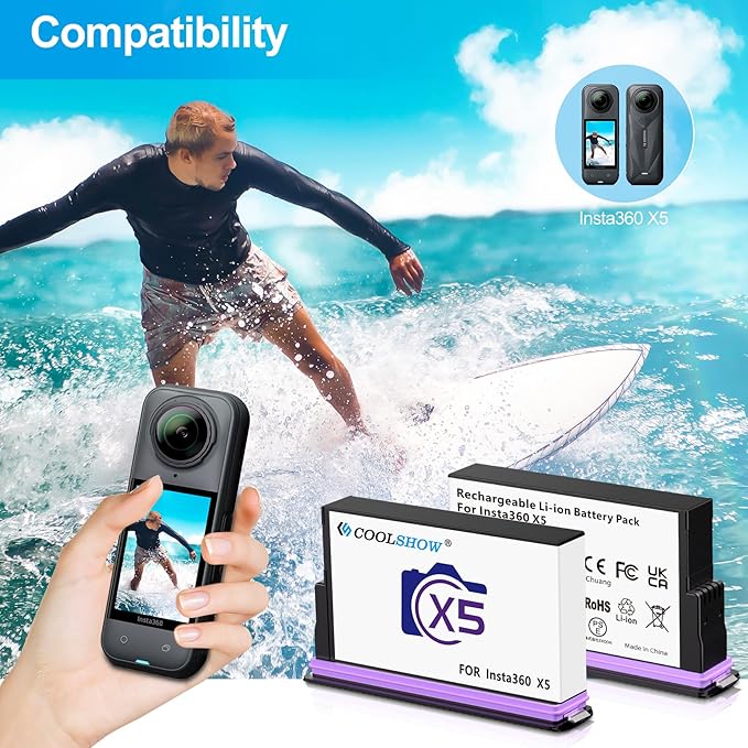 COOLSHOW 360 X5 Battery 2800mAh 2 Packs with Protection Case and Fast X5 Charger Hub Battery Storage Box Design Compatible with Insta360 X5 Camera