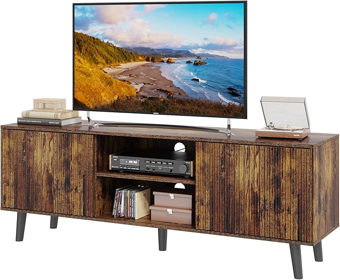 EROMMY 63'' Fluted TV Stand for 70 Inch TV, Modern Entertainment Center with Sliding Doors & Storage Cabinet, Mid Century Media TV Console for Living Room, Brown
