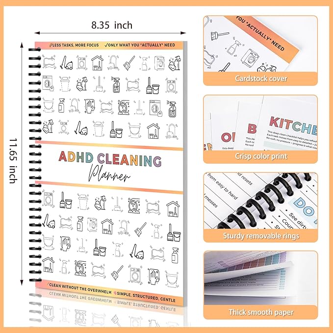 ADHD Cleaning Planner – Reusable Dry-Erase Sleeve Fridge Kit, Removable Coil Pages, Emergency & After-Party Plans, Cleaning Schedule and Checklist, ADHD Planner for Adults Women