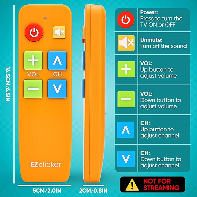 EZclicker TV Remote for Seniors, Extra Simple Big Button Remote (Orange) Works with Major TV Brands, NOT for Streaming (2xAAA Batteries Not Included)