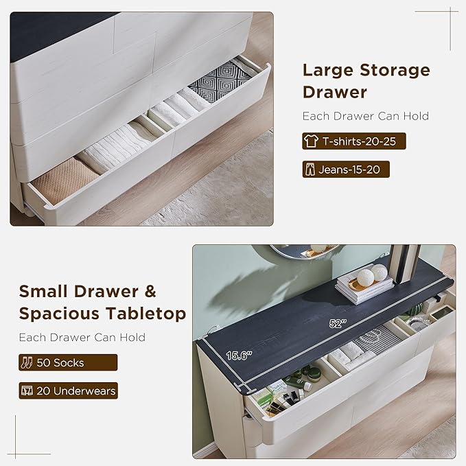 JXQTLINGMU 9 Drawer Dresser for Bedroom, 52" Wide Modern Wood Dressers with Push-to-Open Drawers for Closet Storage, Chest of Drawers TV Stand for Living Room & Hallway, Curved Profile, White Oak