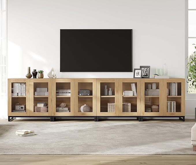 WAMPAT Modern TV Stand with Glass Doors for 120 inch TVs, 4 in 1 Entertainment Center Console with Adjustable Shelves and Metal Base for Living Room, Bedroom, Oak