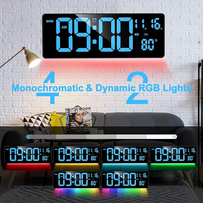 XREXS Digital Wall Clock Large Display, 16.5" LED Wall Clock with 6 Color Changes Night Lights, Auto DST, Count Up/Down Timer with Remote Control for Living Room Bedroom Office Wall Decor