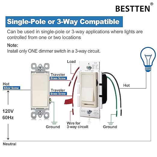 BESTTEN 6 Pack Dimmer Wall Light Switch, Compatible with Dimmable LED, CFL, Incandescent and Halogen Bulb, Single Pole or 3-Way Dimmer Switches, 120VAC, Decorator Wallplate Included, Almond