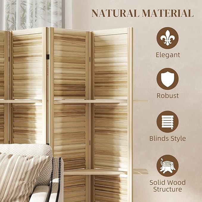 HOMCOM Room Divider, 6 Panel 67" Tall Wood Privacy Screen with 3 Display Shelves, and Folding Storage for Bedroom or Home Office, Natural Wood
